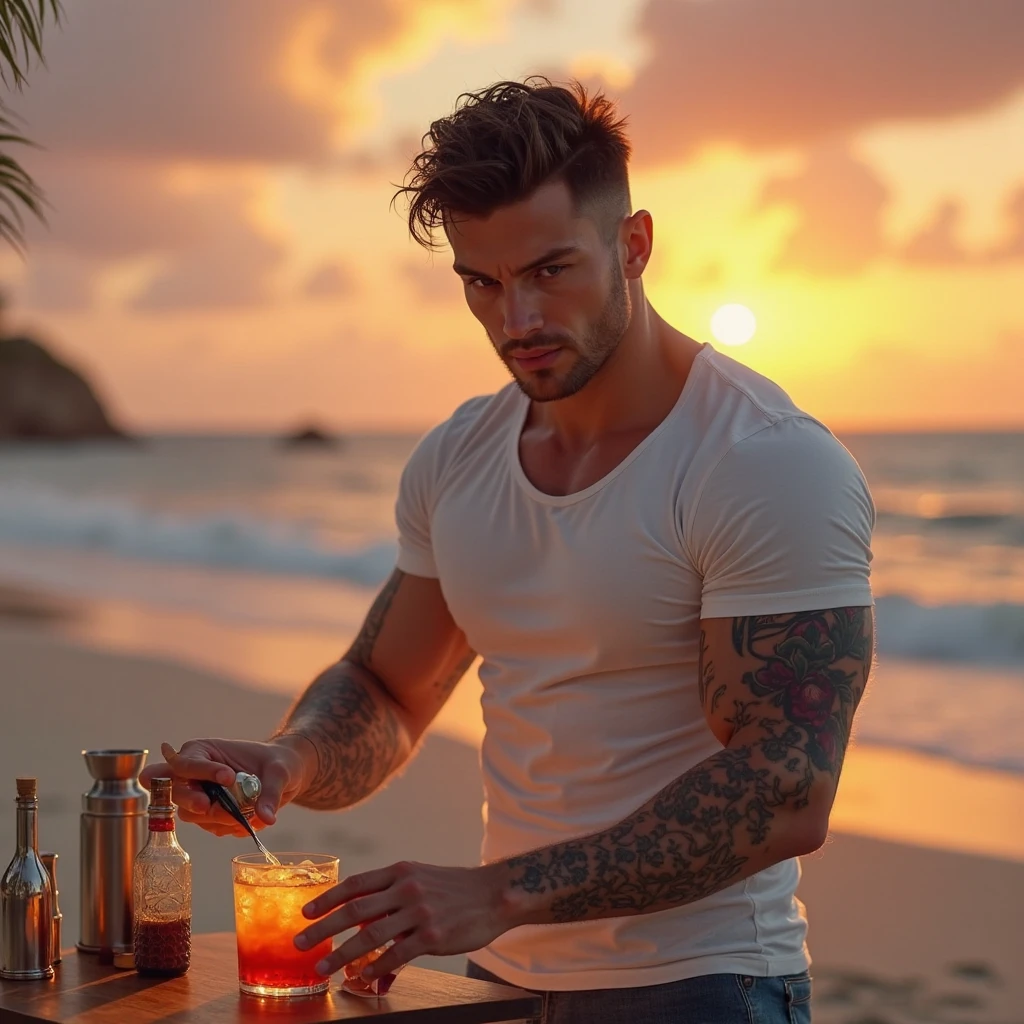 Tattooed man on the beach with beer in hand