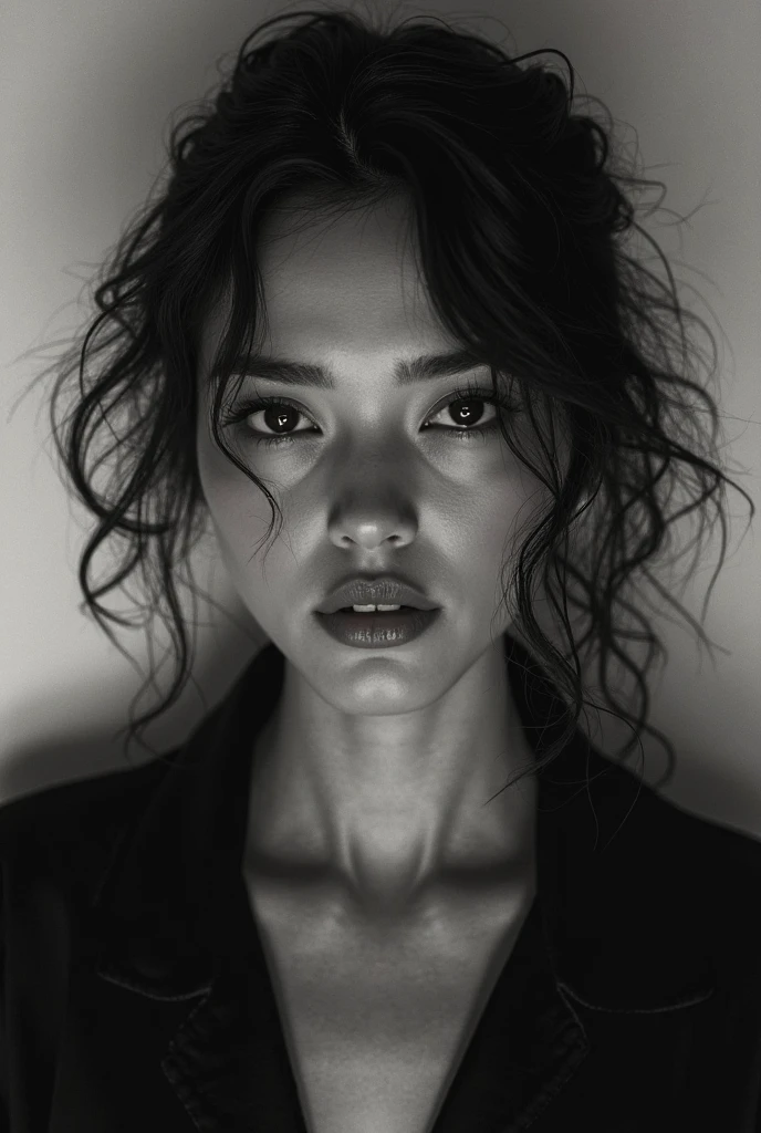 Create a photorealistic masterpiece of a 2 Japanese girl with finely detailed skin texture, showcasing subtle blush and goosebumps on her cheeks. Capture her serious expression, medium-sized breasts, and short hair styled with curls and bangs framing her face. Hair falls between her eyes, adding to the intimate close-up portrait shot. Set against a dark background, highlight her features with dramatic monochrome lighting, creating intricate shadows that define her silhouette. Use a spotlight to cast a striking glow on her face, emphasizing the theme of mystery and intrigue.
