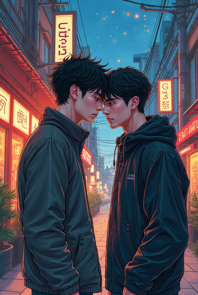 An adult Chinese anime male character with tattoos on his hands, short spiky hair, is kissing an 18-year-old adult male character in a dark street corner.