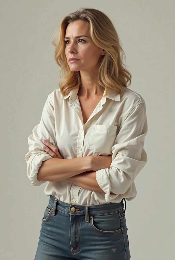 hitch of the anime attack on titan, shoulder length hair, blonde hair, beautiful woman, beautiful, perfect body, perfect breasts, white shirt, brown jacket, cream pants, looking at the audience, small smile, realism, masterpiece, textured skin, super detailed, high detail, high quality, best quality, 1080p, 16k