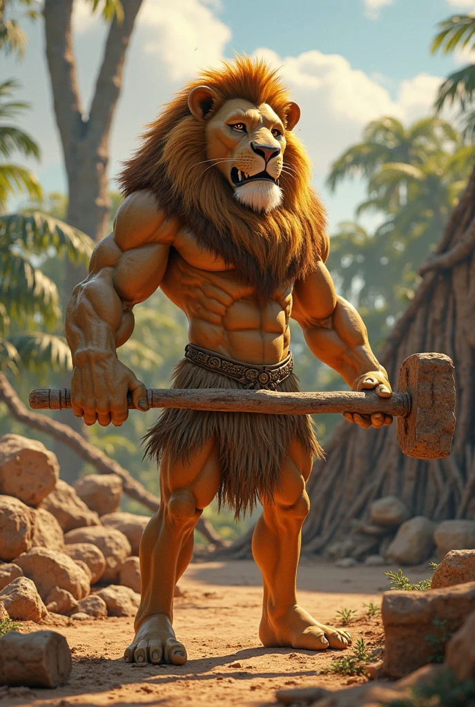 There is one adult character on this picture. The character is an adult anthropomorphic male lion, anthropomorphic lion character, athletic character, barefoot, digitigrade, paws, lion tail, the character is topless, bare chest male, bare chested male, brown nipples, brown areolas, the character is wearing only a red loincloth with a few tribal jewels. The character is standing straight. Savannah on the background. Blurred background. Focus only on the character. Frontview. Camera frontview. fullbody. full body.