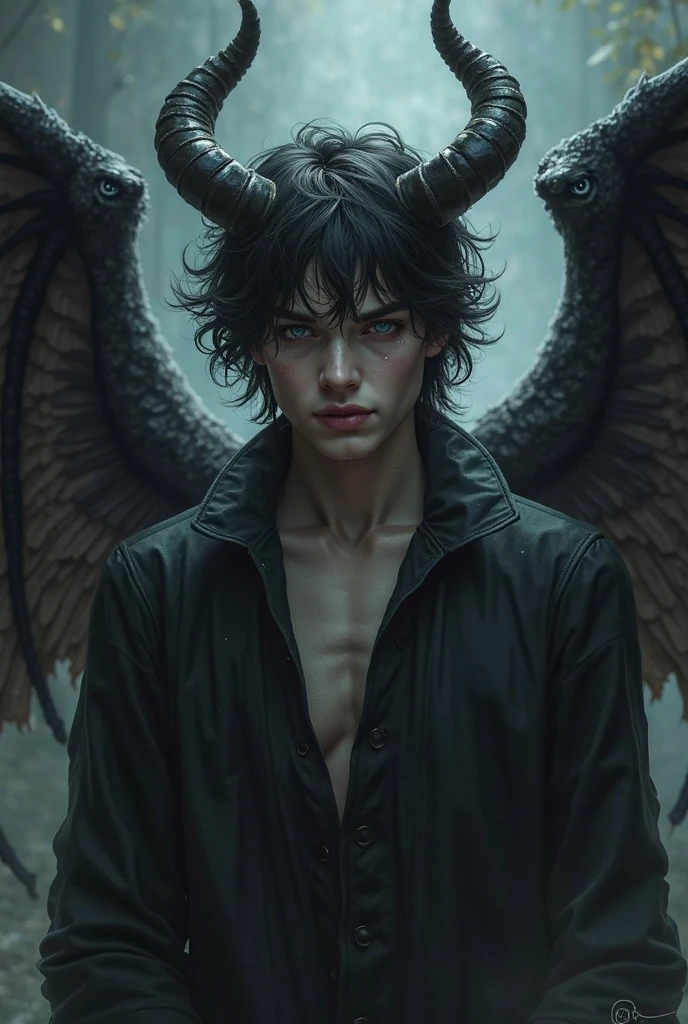 Create a male tiefling character with gray skin., gold eyes, cabelos negros como a noite, wings and tail, tatoo