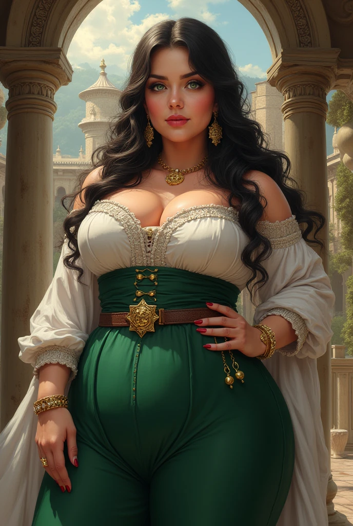 1girl, huge breast, black hair, green eyes,high quality, ultra detailed, masterpiece, realistic, gamis clothes,braid,standing, slightly fat arms , slightly fat belly