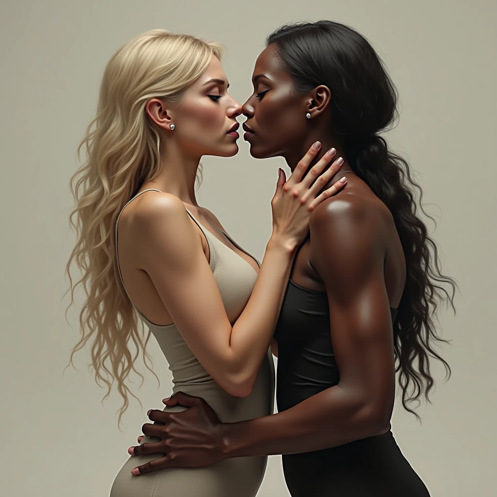 White blonde woman licking a tall muscular black woman’s armpit passionately.