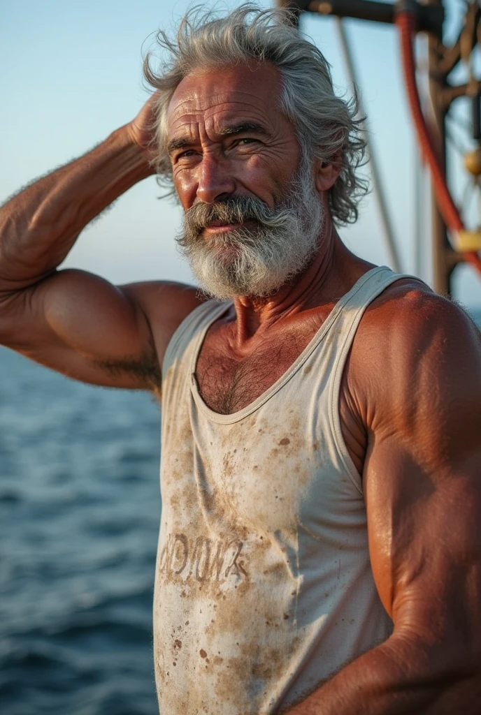 Portrait of a seasoned fisherman, with weathered skin, deep wrinkles, and a piercing gaze. He sports a white beard and a fishermans hat. The background is a softly blurred dock, emphasizing his rugged features under natural light.