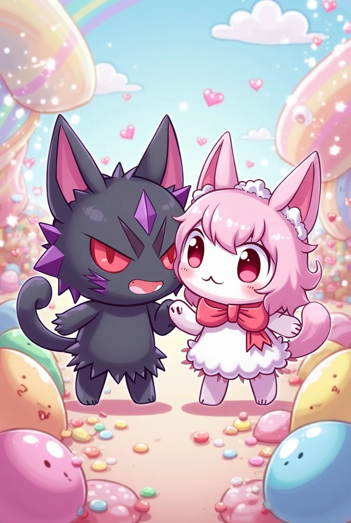 Image of two kittens, one dressed as the character Kuromi and the other as My melody
