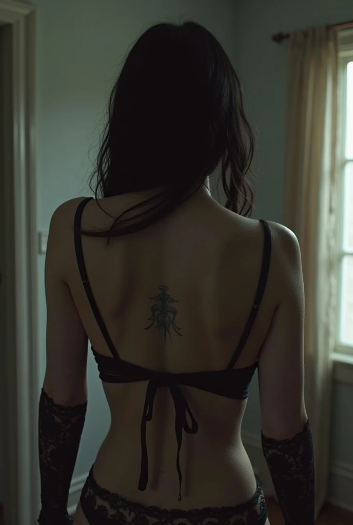 there is a woman with a tattoo on her back sitting on a bed, wings on back, angelic wings on her back, backview, shot from the back, draped with horrors and spines, large wings on back, back - shot, photo from behind, gothic tattoos, villainess has black angel wings, from the back, inspired by Roberto Ferri