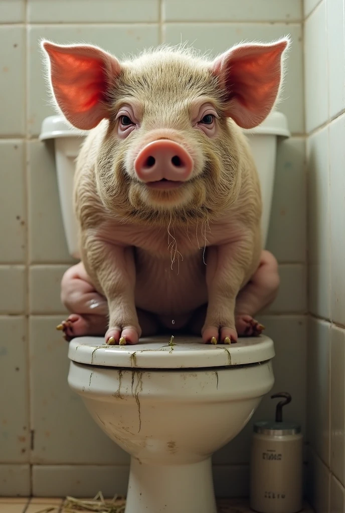 Cute little pig sits on toilet