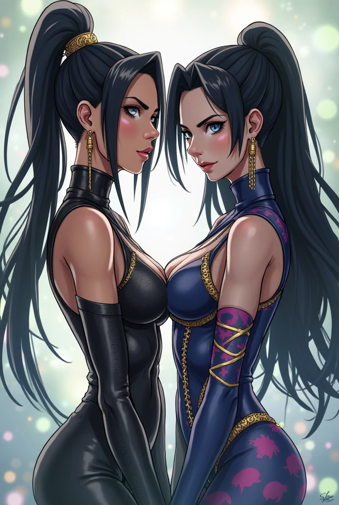 ((Kitana and mileena from mortal kombat series))(big glowing eyes)(red lips) (long straight black hair)((very huge breasts)) (perfect slim body) (kitana wears blue outfit, mileena wears purple outfit, long gloves, long stocking)(inside dark temple) (high definition, volumetric lights and dinamic shadows)((masterpiece))(8k)(perfect face)(ultra details) (perfect hands, eyes, and face)