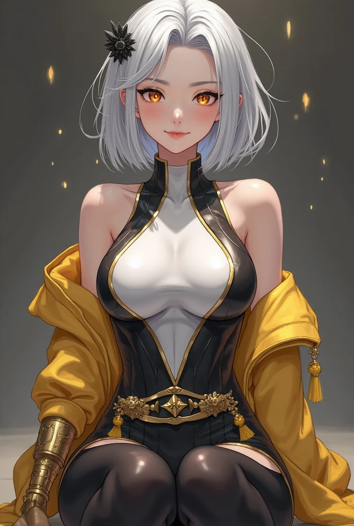 (top-quality、tmasterpiece、high resolution、super high image quality), detailed face, solo, 20 years old, black panda ears, grey hair, large breasts, big firm buttocks, action movie star,yellow eyes, double pony tails ,midriff, navel, sophisticated maid costume, bangs, see-through, cleavage,dyed black slice of hair,strong body,medium height,Full-length(Body Full 1.1),the perfect body, The Perfect Girl, perfect details, Ultra HD |, 8K, Professional photo