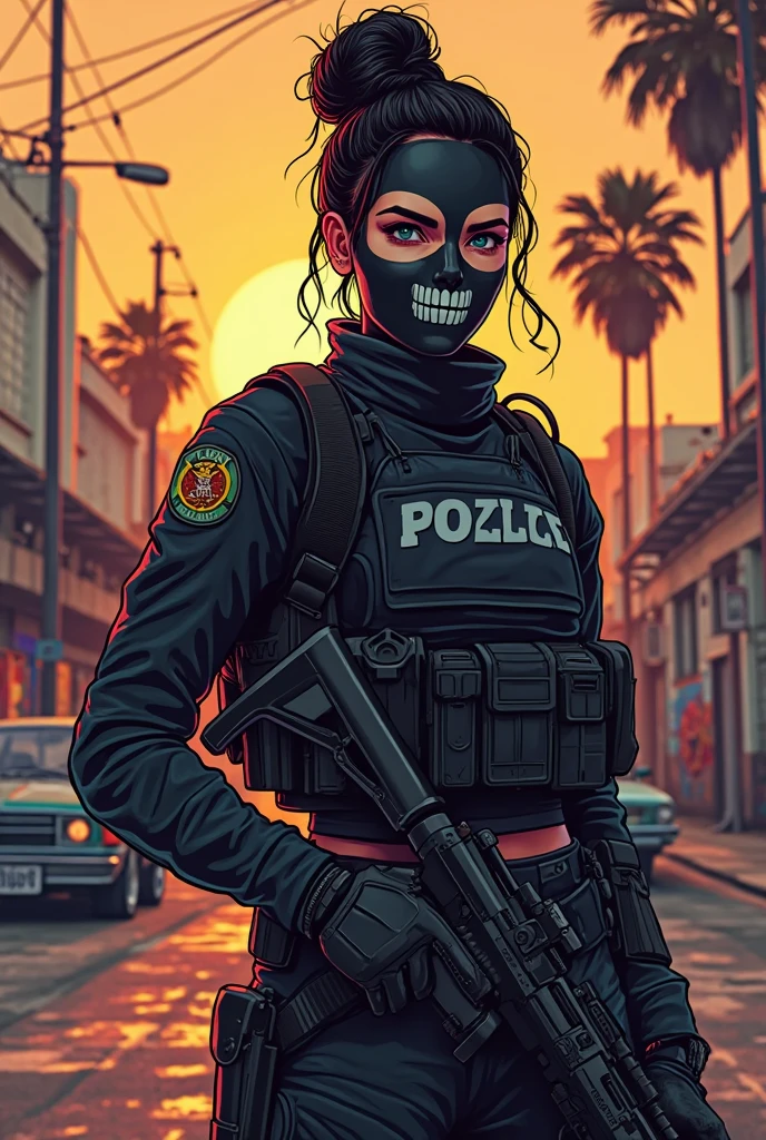 (masterpiece:1.2), (best quality:1.2) 1girl, detailed face, anime style, latina, mature, cowboy shot, beret, (facepaint:1.1), caveira
<lora:caveira-05:0.99>