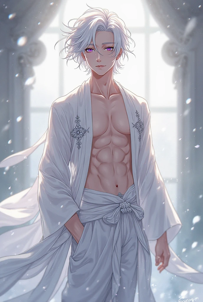 (shirtless), (front view), full of scars, anime, handsome, young adult male, (empty face expression, hurt with bruises, pitiful), white medium messy hair, bangs between eyes, silver eyes, baggy dark circles under eyes, sleepless, pale skin, zoom out view, night, night dynamic lighting