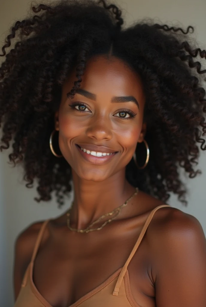 (master part, best quality), Deep Ebony 1girl, beautiful face, Disney pixar There's a woman with a very big smile on her face, com cacheado longo, cabelos cacheados cor de cobre, cabelos castanhos cacheados, com pele preta, cabelos cacheados, longos cabelos cacheados, foto de retrato detalhada, Incrivelmente bonito, cabelos castanhos cacheados, com vestido laranja decote V, Disney pixar