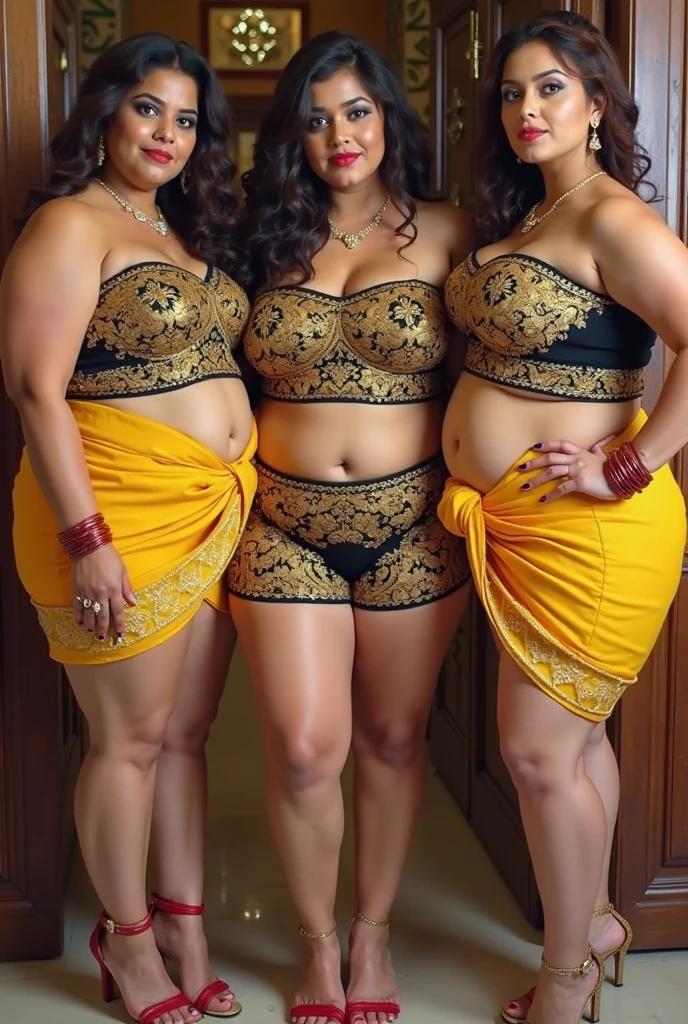 side by side photo of a mallu village belle wearing a navy blue saree, dark skin, curvy, tall, hourglass figure, big ass, seductive, detailed cute face, full lips, smiling, studio lighting, hyper realistic, deep cleavage, showing knees