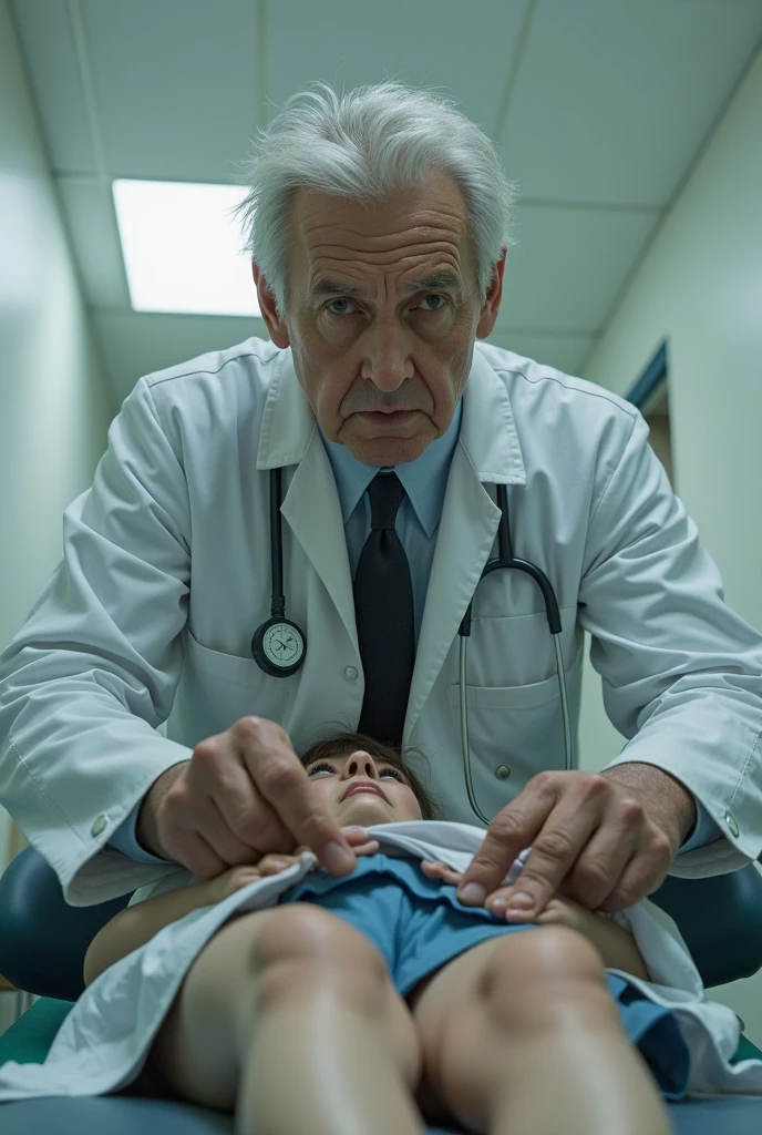 An old men, laying on a hospital bed, giving superpowers to a young boy, by holding his hands. The old men is wearing a green coat.