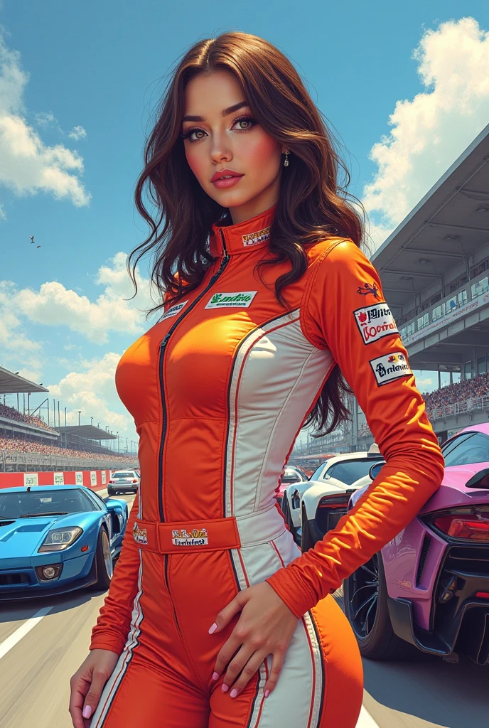 Mulher bonita com corpo definido detalhado, wearing the racing driver's jumpsuit, competition helmet, seios pequenos, cintura fina, plump buttocks, pele branca