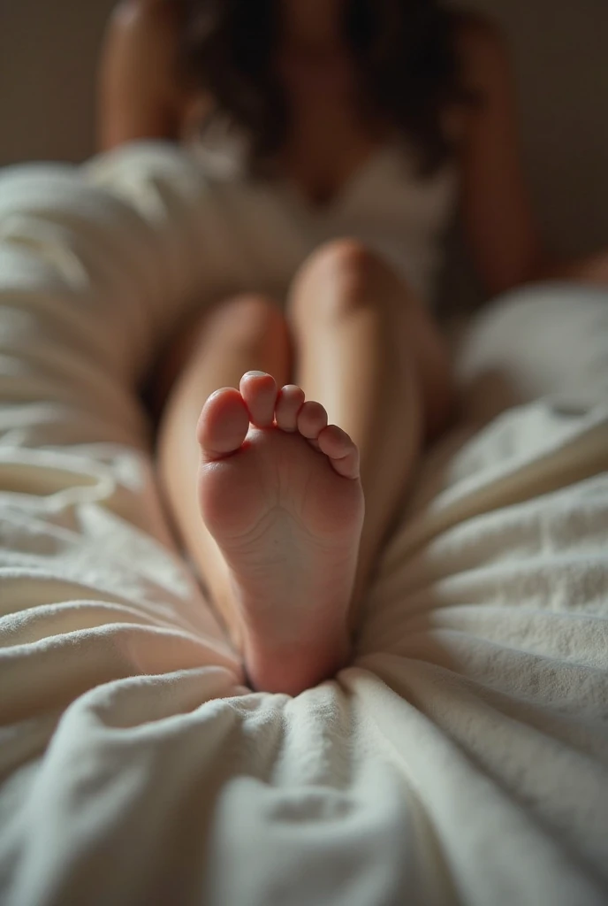(highres,realistic),(pregnant woman),(close-up of feet),(soft, warm lighting),(bed),(relaxed pose),(bare feet),(well-manicured toes),(comfortable outfit),(peaceful expression),(neutral colors),(subtle shadows),(cozy atmosphere),(gentle ambiance),(carefully composed),(detailed texture),(bump of pregnancy),(serene and calm),(body positivity),(motherhood),(slightly elevated heels),(gentle curves),(soft skin),(relaxation),(maternity),(supportive pillow),(beautiful lighting),(tranquil),(femininity),(celebrating womanhood),(simple backdrop),(natural beauty)