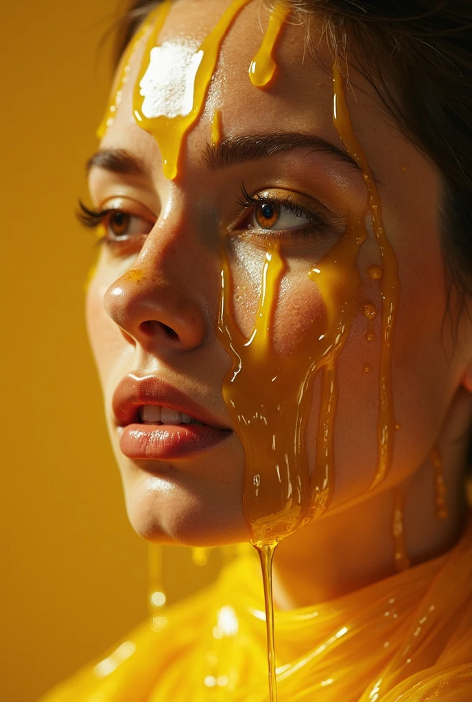 (photorealism:1.2), beautiful woman, falleing honey to her face