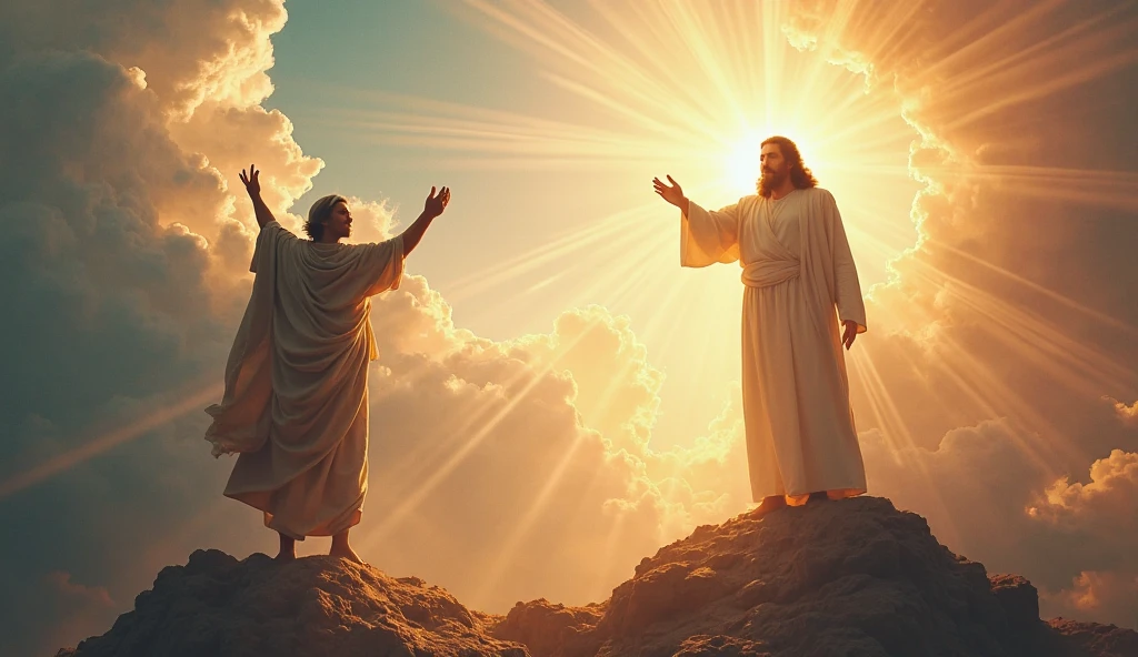 Epic photo of Abraham hovering over an altar, with Isaac bound on the altar, an angel appearing behind him to stop his hand. The setting sun casts dramatic light on their faces. Low angle shot, expansive desert landscape in the background, with soft, warm lighting from the low sun, 50mm lens with a subtle filter, in the style of Caravaggio.