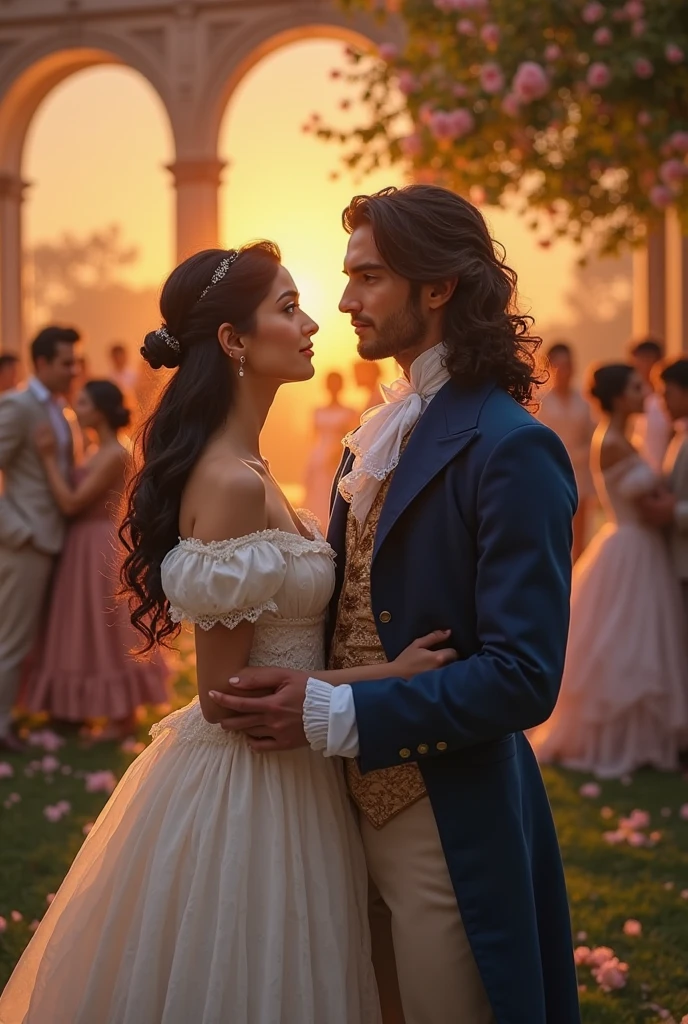 man and woman, stand near a column of flowers, Romantic pose, beautiful purple long dress, Flowing fabric, Luxurious dress with embroidery, Handsome man with high cheekbones and gray eyes, Woman with black hair, Column with flowers, Paparotnik, Magali Villeneuve, romance novel cover, romanticism