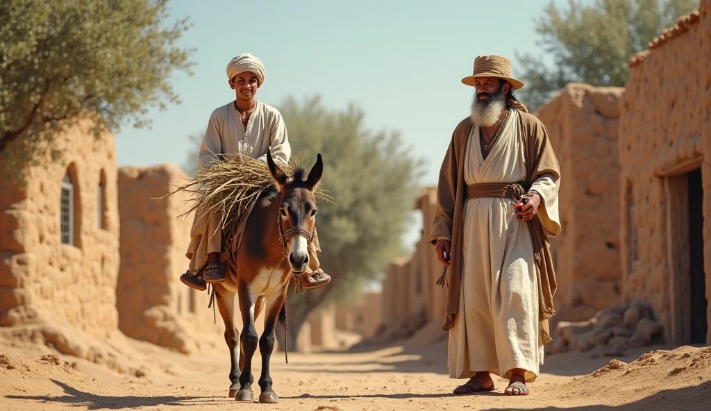 A Samaritan man helping a wounded, bleeding Jewish man, taking him on his donkey.