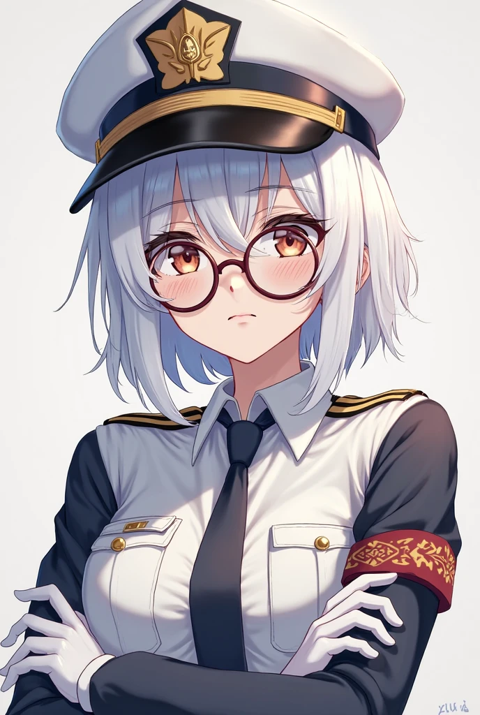 portrait, 1girl, medium breasts, semi-rimless eyewear, short hair, white hair, messy hair, bangs, blue eyes, blue-framed eyewear, snowflake hair ornament, military uniform, gradient background, full face, solo, highres, highly detailed, (intricate details, hyperdetailed, muted color:1.0, rim light)