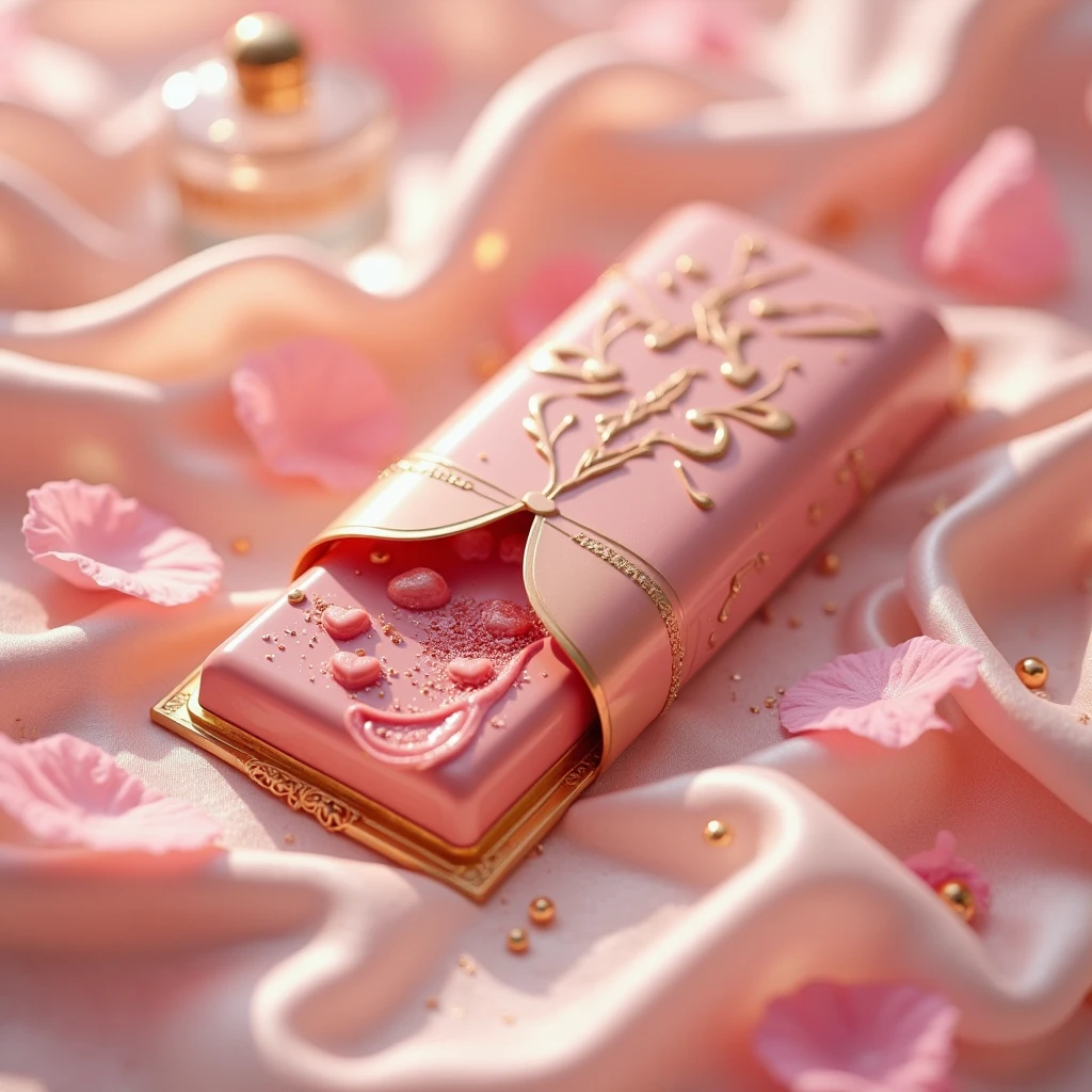 A  pink glass perfume bottle with a rose-shaped lid. The bottle is small and delicate, com linhas suaves e curvas. The lid is pink shaped, with delicate petals and a rosebud in the center. The bottle is filled with a soft and feminine perfume, that exudes a fragrance of roses, Jasmine and lily. Foto realista
