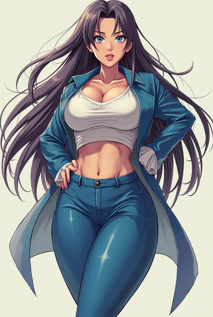 sumeragi lee noriega aesthetic, gloves, high heels,  FernFrieren, white pants, blue thong, v cut abs, slendered abs, very long hair, eyes, (gold pupils), looking down, straight-on, expressionless, arms spread out, standing for battle, looking at viewer, (gigantic breasts), ultra detailed, masterpiece, best quality, aesthetic, detailed, hair, thick thighs, small feet,small waist
