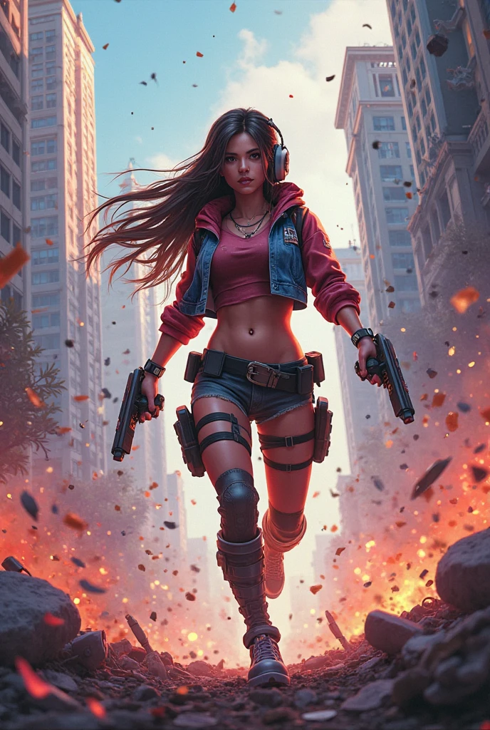 Pop punk style, low-angle shot, close-up, a pretty Asian girl long black hair bang ( lalisa style) as warrior wearing a black & pink top and short black skirt, leather red boots flying in the air, on the train roof, action pose, using plasma cannon, shootting to zombies army, epic body dynamics, a highly detailed masterpiece, gigantism, dramatic cinematic lighting, tons of flying debris around her, epic and dynamic composition, complex details, CarnageStyle, intensity