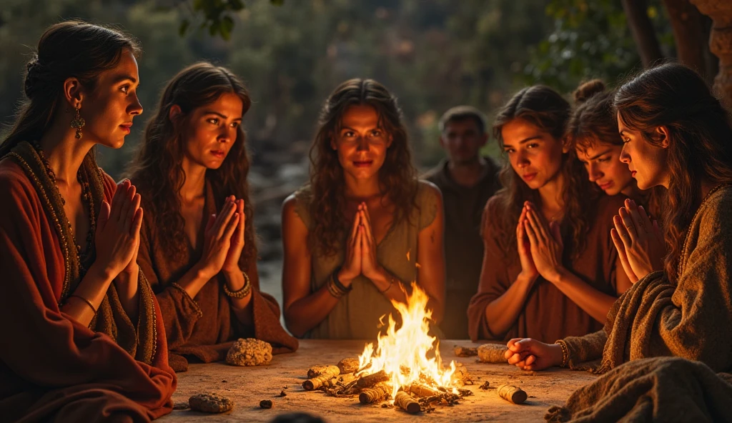 three young people in their 20s dressed in tunic, sacrificing animals with blood, candles, voodoo, clear and ultra realistic image