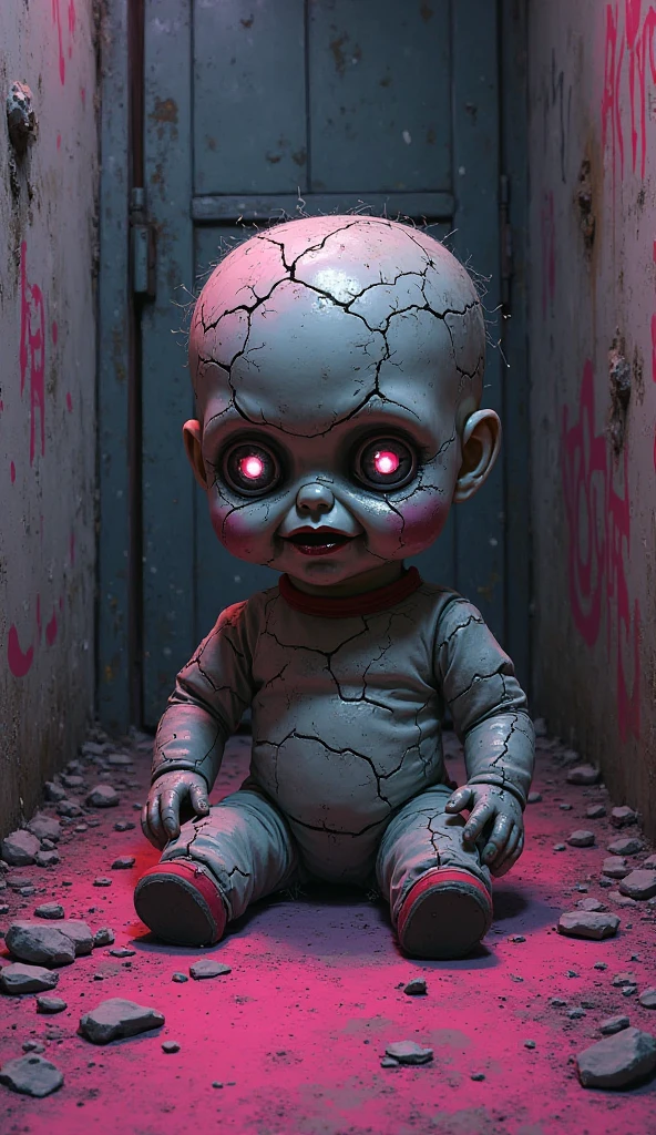 creepy doll head in a box centered facing front realistic with bandages in the background
