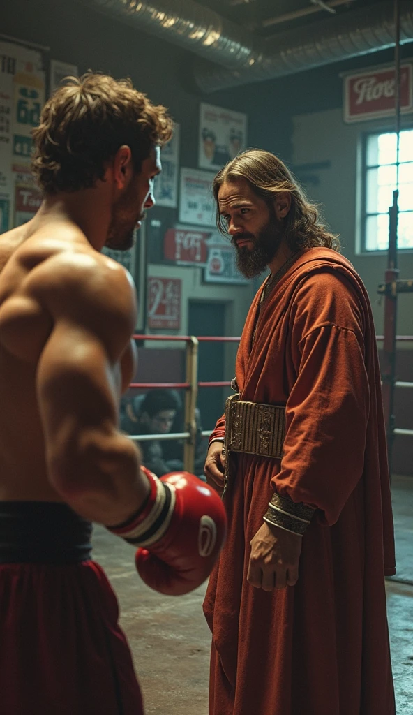 Jesus watching black mma fighter training on punching bag