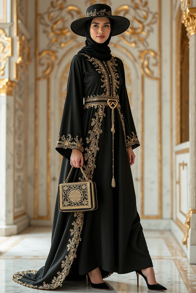 (medium full shot) of (lovely arabian princess) young woman, black hair, straight hair, brown eyes, slender, tan skin, wearing Elaborate midnight-black abaya with silver thread embroidery, sheer sleeves, flowing silhouette, beaded hijab, ornate golden headpiece with cascading jewels, smiling at the viewer, set in Prayer Hall, Sacred space with rows of worshippers bowing in prayer, ornate arches, stained glass windows depicting scenes from the Quran, the scent of incense and rosewater lingering in the air , at sunset, ,Masterpiece,best quality, photorealistic, amazing quality, very aesthetic, extremely detailed face,
