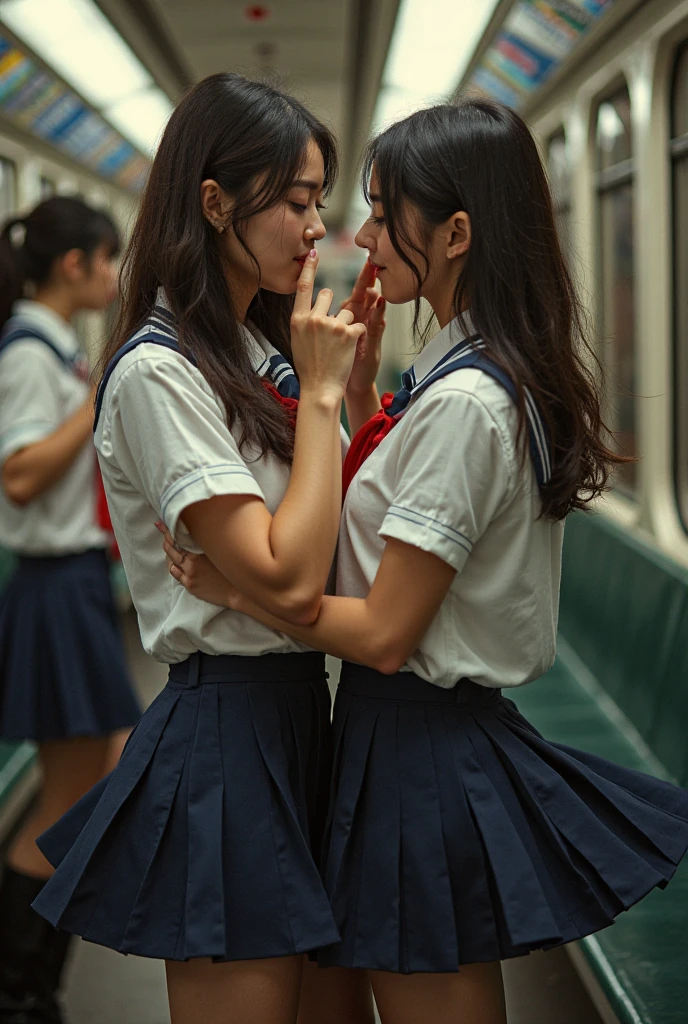 "Capture moments of passion and intimacy: Two teenage girls,school uniform, I love you deeply, Hold me tight, kiss."