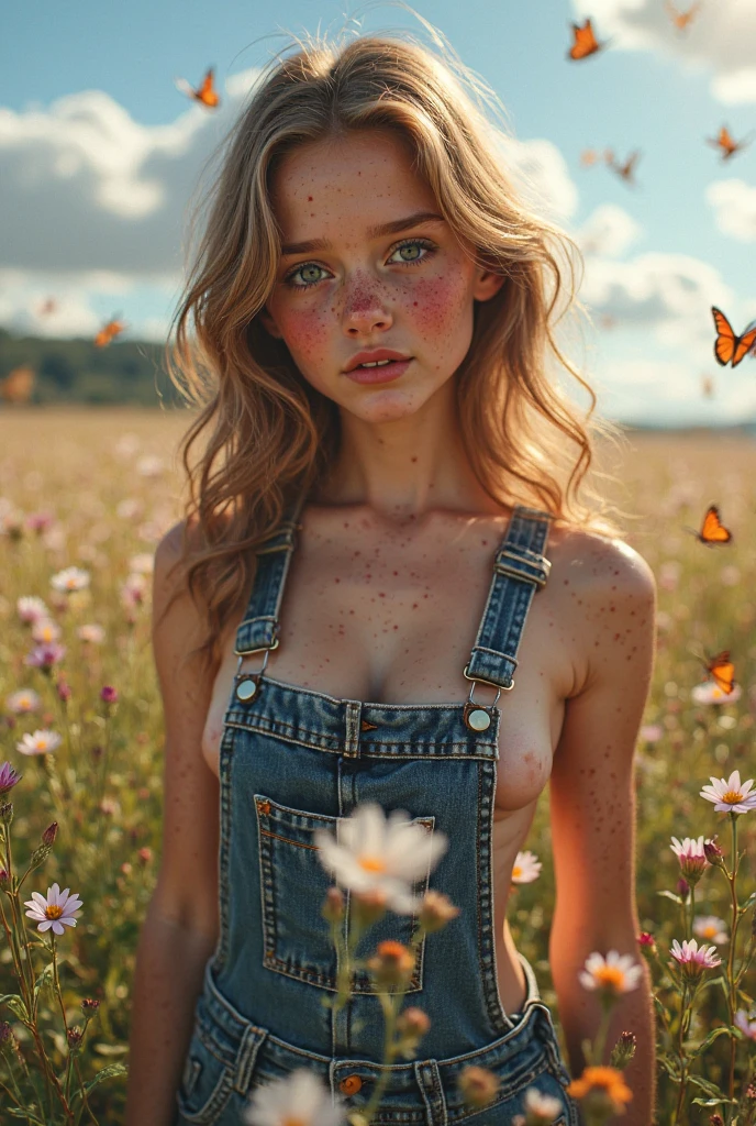 (masterpiece:1.5, best quality:1.5), (hyper realistic:1.5), (photo realistic:1.5), (real picture, intricate details), looking at viewer, (8k wallpaper:1.5) (from knee to head):1.15 ), (Facial Detail: 1.5), (Eye Detail: 1.5), (Sharp Photo), High Detail, Super Detail, Super High Resolution, (Strong Depth of Field: 1.5) Style- Cute and Playful Positioning- Open Scene Background-Blue Sky and White Clouds Main body - sexy freckly girl topless, bright eyes, rosy cheeks Costume - pink sweater, denim overall, nipples hard - wild flowers and tall grass in the background, with butterflies and birds flying around Effect - warm sun shining on the girl, casting a soft glow. The warm sun shine on her, and wild flowers swayed gently in the breeze, godrays, shabby deep south, cinematic twilight, sunlit
