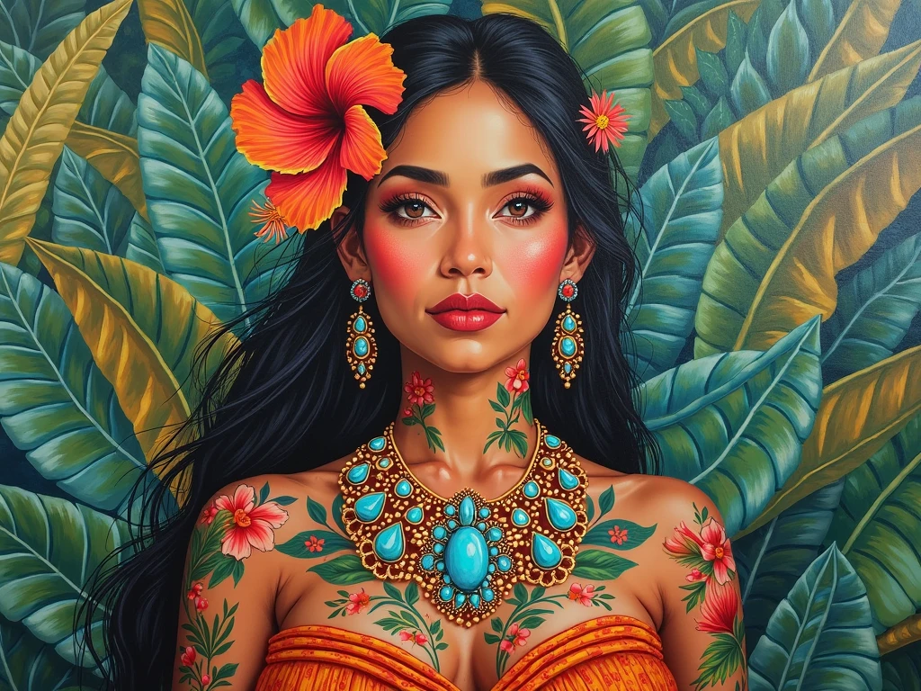 A Latin beauty , charming temperament, traditional flowy aztec skirt, clear face, pretty eyes, surrounding osmanthus, proportional masterpiece of perfect body structure, super detailed, epic composition, color tattoo art, new traditional tattoo art, SD Tattoo Design., color tattoo art, mysterious warm and friendly atmosphere, Hyperrealistic painting, super HD, high quality, of the highest quality, 32k --v 6