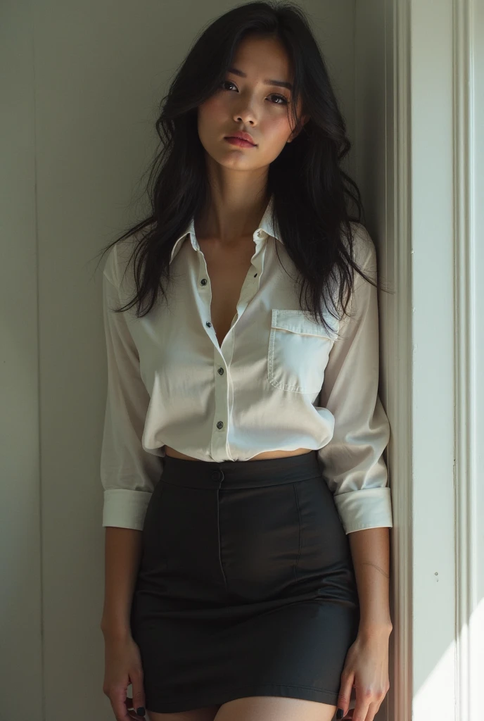 white, fair skin, freckles, school skirt dresses, black hair, sexy short skirt, very small boobs in wet transparent mini shirt, wet shirt, sweaty body, transparent white shirt, full body, beautiful face, long hair, beautiful eyes, open eyes, hyper realistic, realistic texture, natural lighting, unreal engine, trending art station, cinema 800, well lit and detailed hotel room
