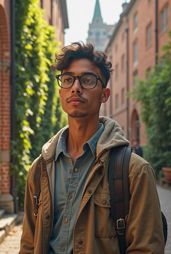 Muslim boy, glasses, goatee, button up shirt, stern expression, skinny, backpack.