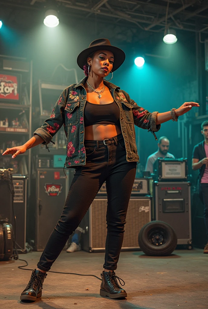 uma linda mulher negra em um palco de jazz music, com instrumentos em sua volta, com cores vibrantes dos olofotes e ela pegando no microfone que tem umas folhas lindas saindo dela, realistic and detailed style