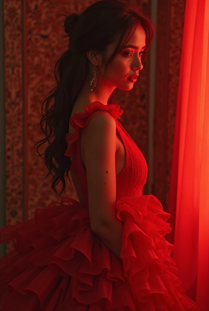 A sultry silhouette of a woman in a slinky red dress, standing in a dimly lit room.