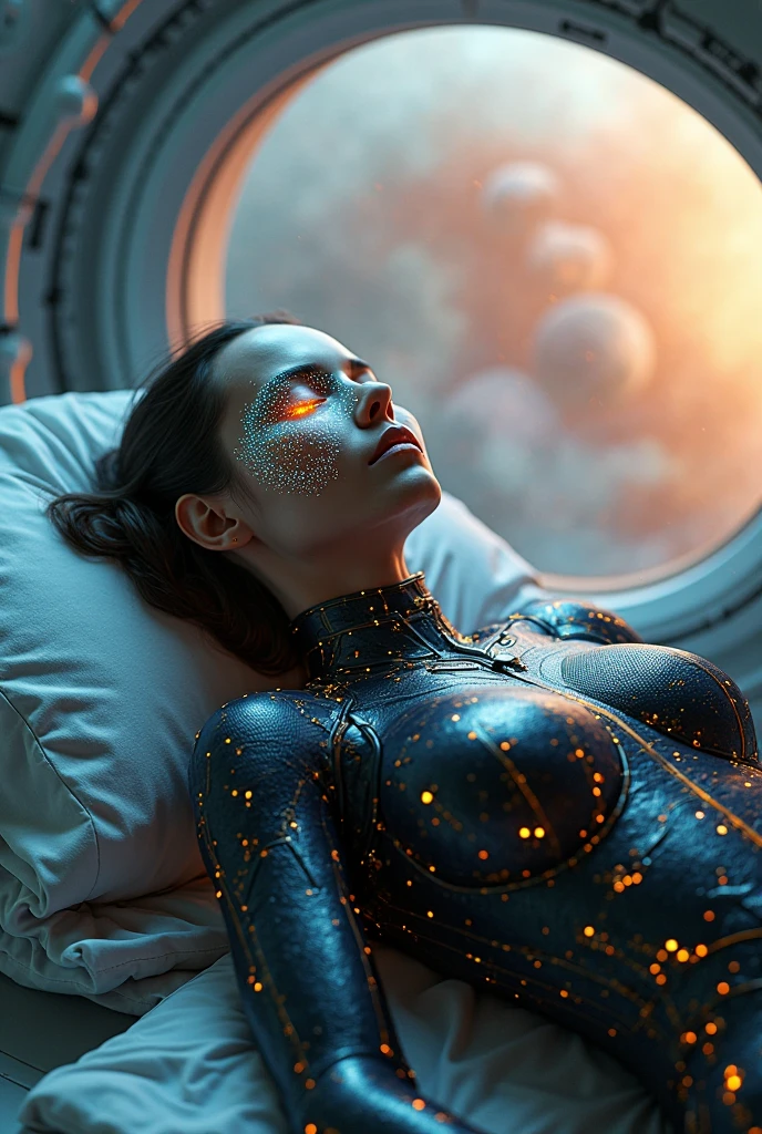 sleeping person, a heavenly angel beside the bed, mystical energy, golden light, colorful aura, a cabin in space, many gold coins, spiritual projection, spiritual dimension, aura energy, celestial light, person flying in the starry sky, universe, detailed cabin interior, glowing aura, dramatic lighting, volumetric cosmic clouds, mystical atmosphere, cinematic composition, highly detailed, photorealistic, award winning, digital art, matte painting, dramatic lighting, ultra detailed, hyperrealistic, 8k, HDR, studio lighting