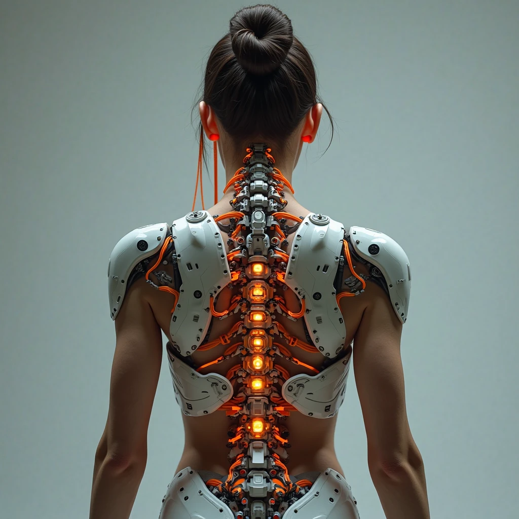 (((masterpiece))), ((best quality)), (ultra-detailed), (CG illustration), (an extremely devious and beautiful)), cinematic light, ((1 mechanical girl)), single, (machine-made joints: 1.4), ((mechanical limbs)), ( blood vessels attached to the tube), ((mechanical spine attached to the back)), ((mechanical cervical vertebrae attached to the neck), ((back to the viewer)), expressionless, (wires and cables attached to the head and body: 1.5), science fiction, apocalypse, ruins