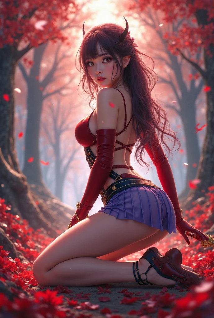 ((masterpiece):1.3),((best quality):1,3), CG, anime, (1girl, pale skin, (branching flower tattoo on leg), medium breasts,(sarashi chest), skin extremely detailed, bamboo, gag, brown hair, big gag, gagged, gradient hair, hair ribbon, long hair, looking at viewer, multicolored hair, orange hair, ((pink eyes)), schoolgirl short skirt, standing on a rock on the bank of a river in a beautiful landscape