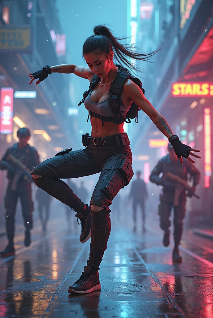 Create a Cyberpunk Girl , dodging a bazooka , while it's in the air , and around it there is a city in pure chaos