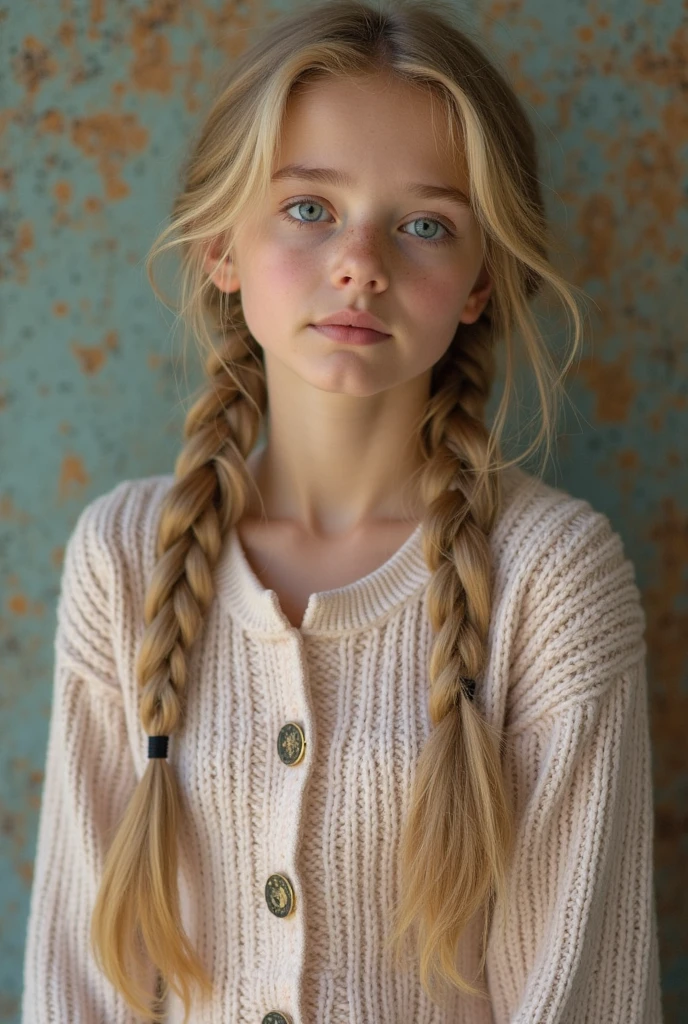 Girl child 10 years old, Russian blonde in braids, portrait, com roupa de jaqueta de couro green E CHAPEU WHITCH , fundo de bolas de fogo verde. --auto --s2