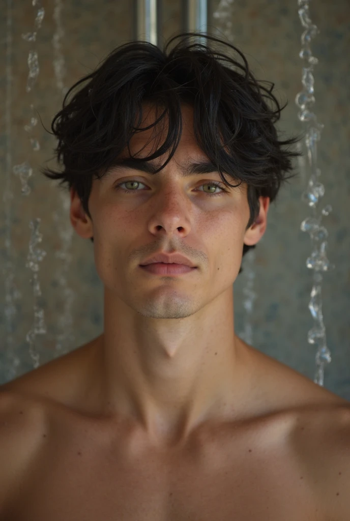 A young white man, with black hair, curly and short, greeneyes, on a beach, in a cave, with your back against the wall, arms up, looking with a seductive look.