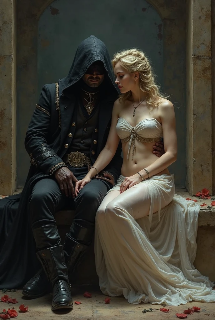 (((a beautiful delicate young medieval woman,slim body,bare small breasts half hidden by a half open long hooded robe,long messy blonde hair))),(((standing beside an African muscular male armoured bodyguard))),cinematic,realistic