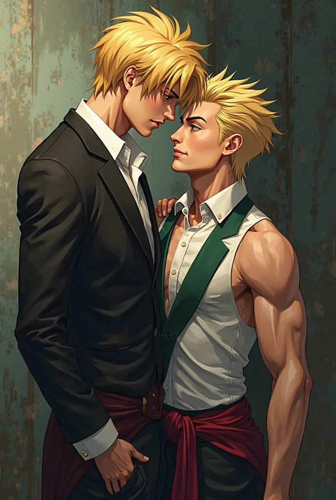 best quality, masterpiece, final fantasy 7, cosplay, cloud strife, biggs, french kissing each other, looking at each other, big bulge, visible penis line, sexy, gay, homoerotic, best view, perfect fingers, no watermark, no logo, no signature