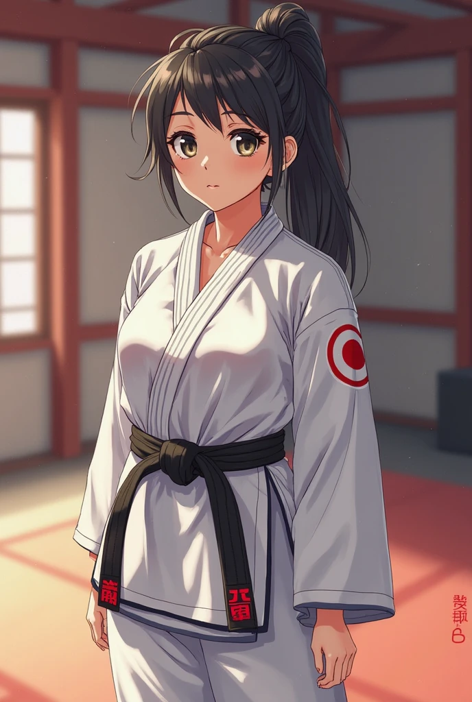(Masterpiece, Best Quality, High Quality),volumetric lighting, illustration, beautiful, perfect lighting, perfect shadows, (breathtaking scenery:1.1), blushing, facing viewer, standing, yazawa nico,karate gi,white karate custom, cleavage, sweating, smile