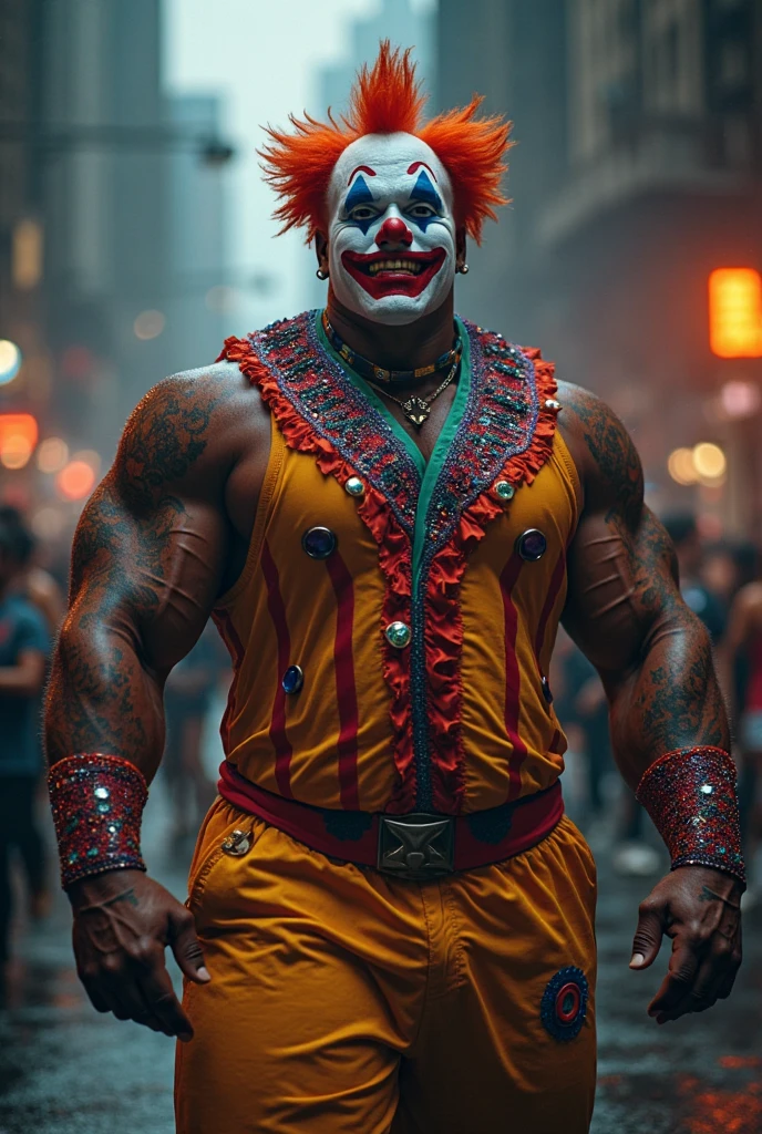 Hyperrealistic image of a smiling gray-haired bodybuilder clown superhero, very old and very sweaty, more than 80 years, very muscular and fat, more than 200 kilos with a naked torso, large and flaccid pectorals, brown nipples and big rainbow mustaches with huge tattooed arms surrounded by lots of balloons dressed in colorful rhombus clown pants and a huge rainbow afro wig on his head